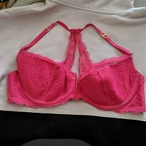 Hot Pink Lace Halter bra with gold hardware